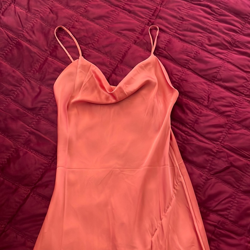 Silky coral slip dress. Side slit, spaghetti strap.